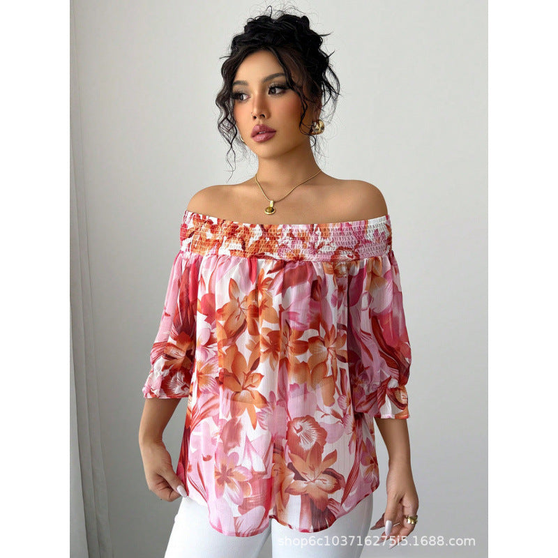 Women's  summer european and american style new long-sleeved loose pink blouse