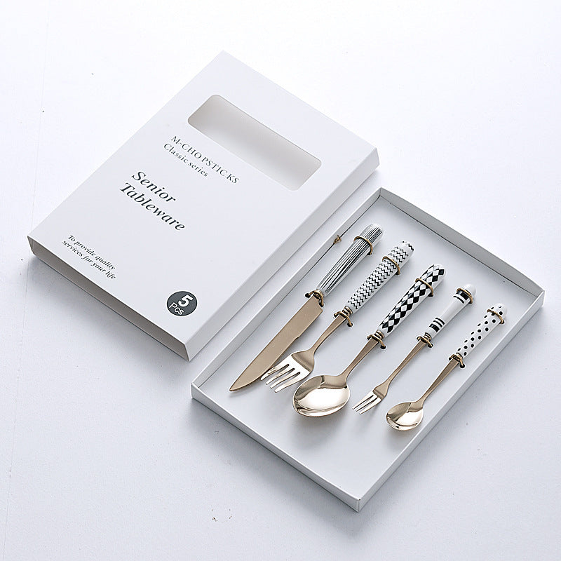 Retro hepburn style stainless steel tableware three-piece knife, fork and spoon set ceramic handle fork and spoon gift box gift wholesale