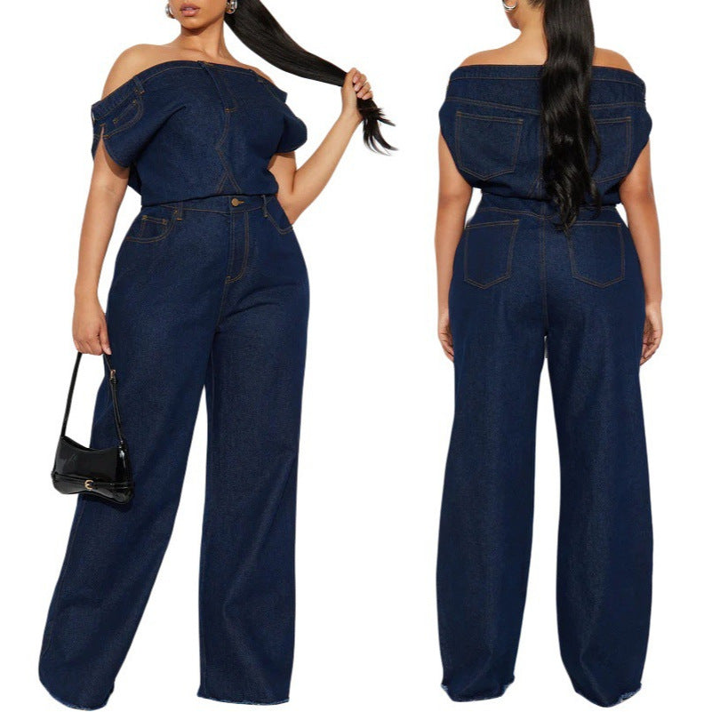 european and american new arrival cross-border  casual fashion bandeau off-the-shoulder slim-fit denim jumpsuit romper