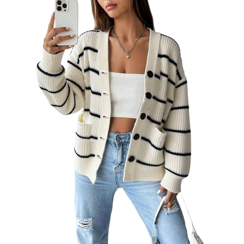 Cross-border TK versatile loose striped sweater new autumn and winter casual versatile lazy wind knitted sweater cardigan jacket