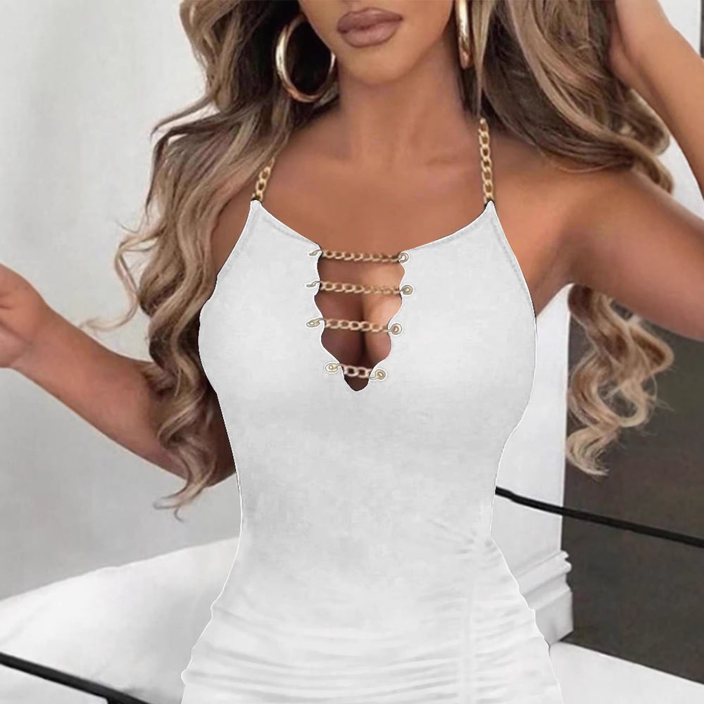 Amazon cross-border women's sexy halter chain slit maxi dress - slim fit drawstring bodycon evening gown