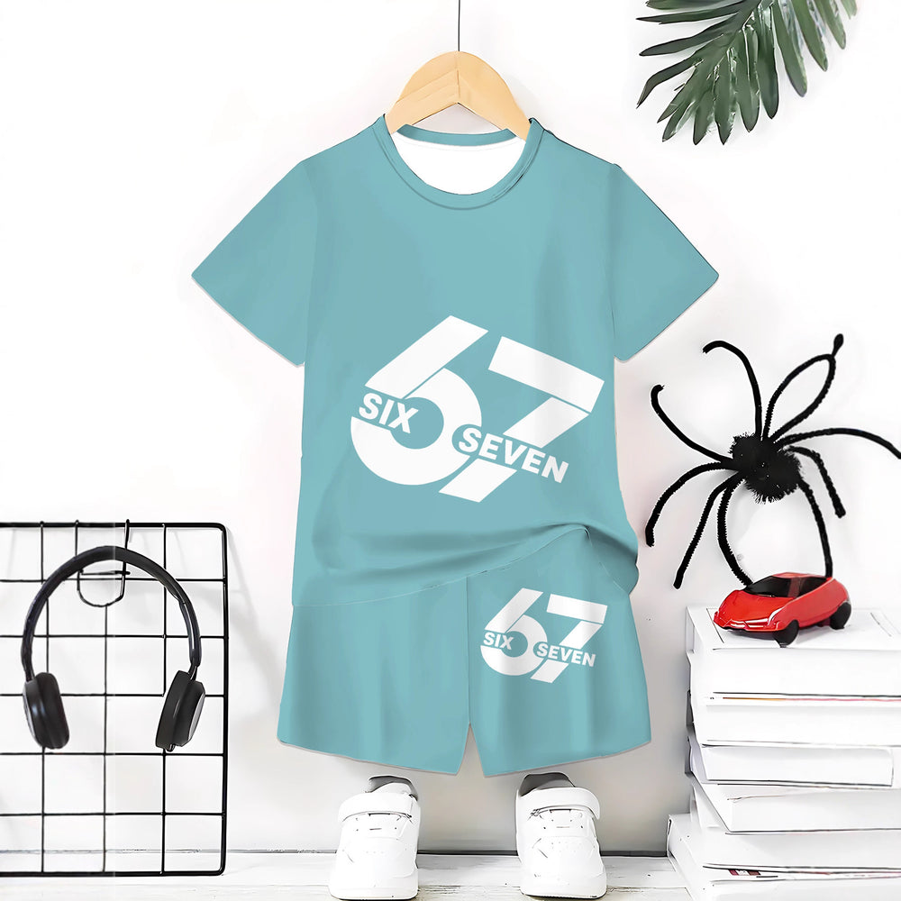 "stylish digital 67 print," perfect for summer wear, boys' outdoor sports t-shirt set