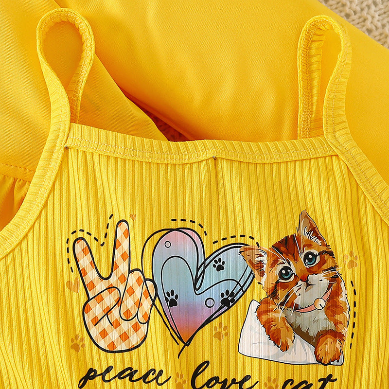 new girls' dress set: cute cat print, bow detail, hollow-out hem two-piece sundress set