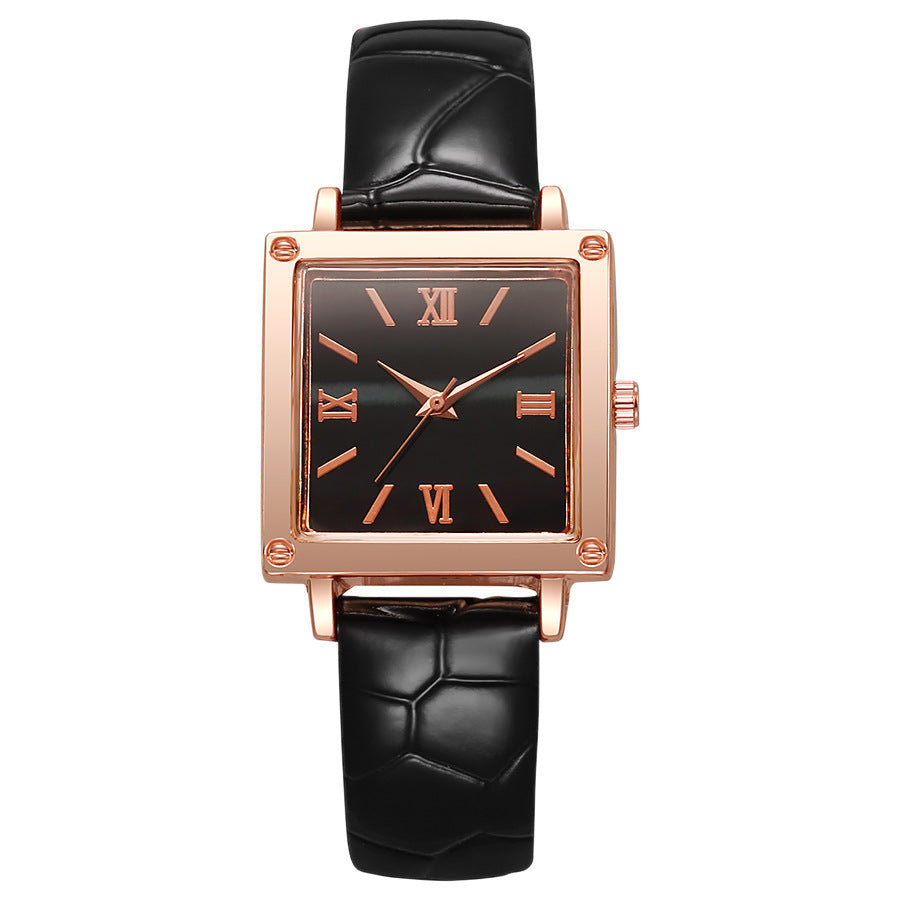 New fashion women's crocodile-embossed leather belt watch - square roman numeral quartz wristwatch for students (export model)