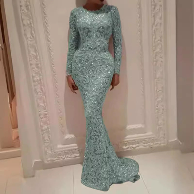 spring new european and american export women's clothing  hot stamping long sleeve elegant slim sexy maxi dress evening gown