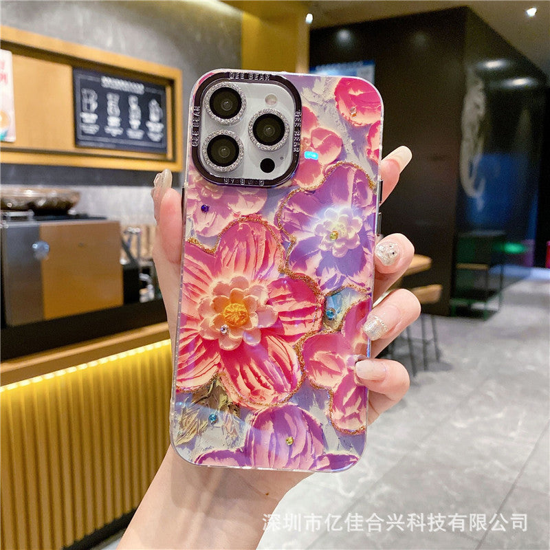 Rainbow floral oil painting iphone 17 pro max diamond glitter phone case, luxury shockproof protective cover for iphone 16 & 15, compatible with iphone 13