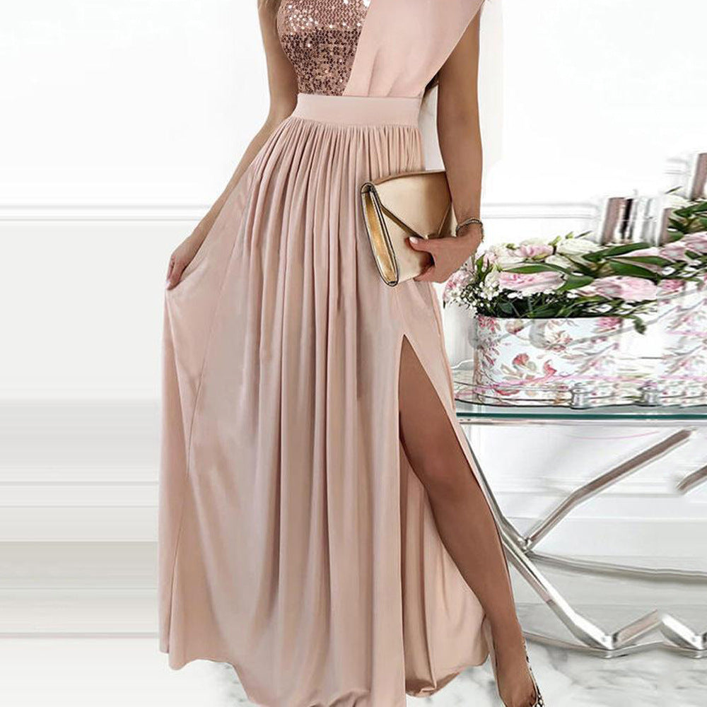Y9338  cross-border summer new arrivals: european and american style fashionable elegant dress - sequin patchwork sleeveless gown