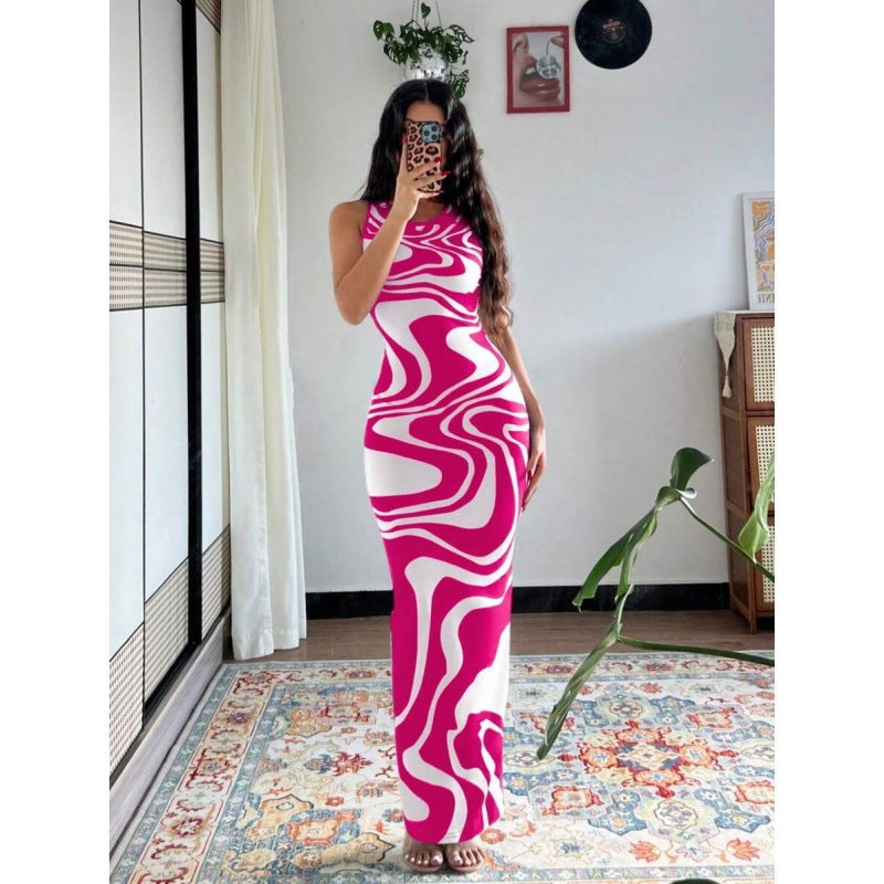 Amazon ins same style sleeveless tie-dye zebra print printingsilmsexy hip-hugging long women's dress