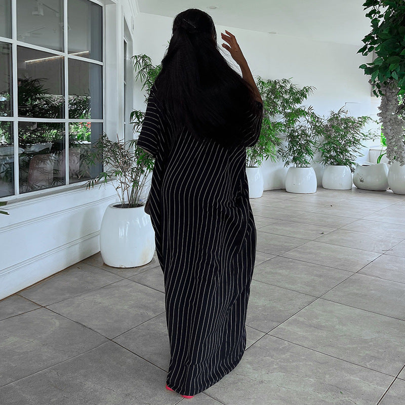European and american women's clothing  autumn new sweet and fresh striped v-neck batwing sleeve loose waist maxi dress