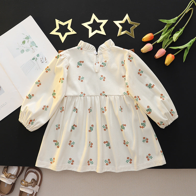 Baby girl spring dress with padded vest detail, patchwork skirt, toddler & little girl printed princess dress, casual long sleeve dress for girls