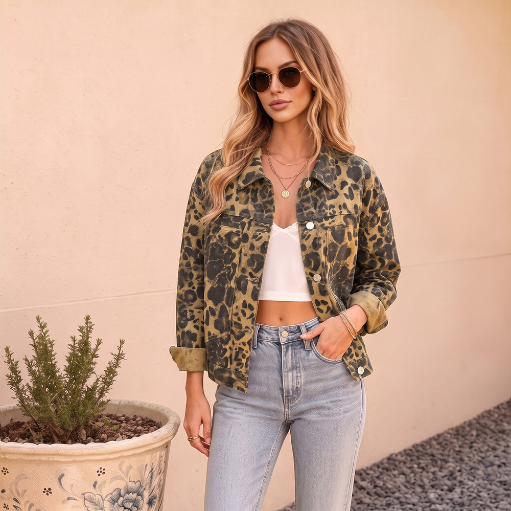 European and american cross-border e-commerce  polo collar long sleeve metal single-breasted leopard print casual washed denim jacket