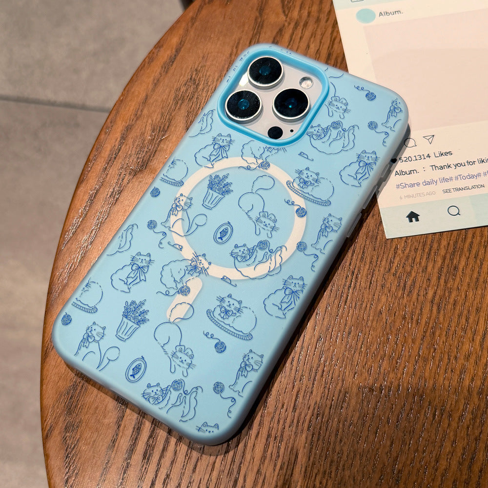 Candy color iphone 16 magnetic phone case - light blue cartoon blue cat yarn ball apple 16 cute protective cover