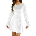 european and american   women's fashion solid color round neck gold velvet sequin long sleeve dress