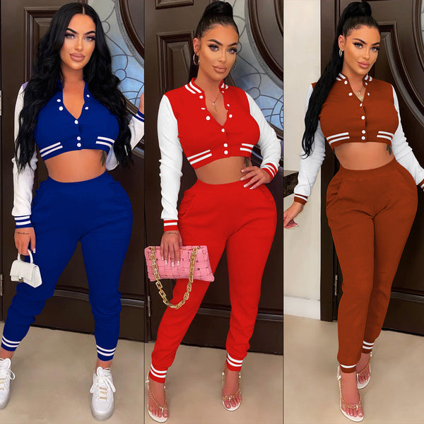 YD8666 special products do not support returns. European and American women's clothing splicing small pit strip waist baseball jersey two-piece set