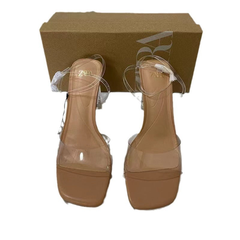 Spain 2024 summer new arrival: versatile french-style open-toe rhinestone stiletto transparent sandals & slippers for women