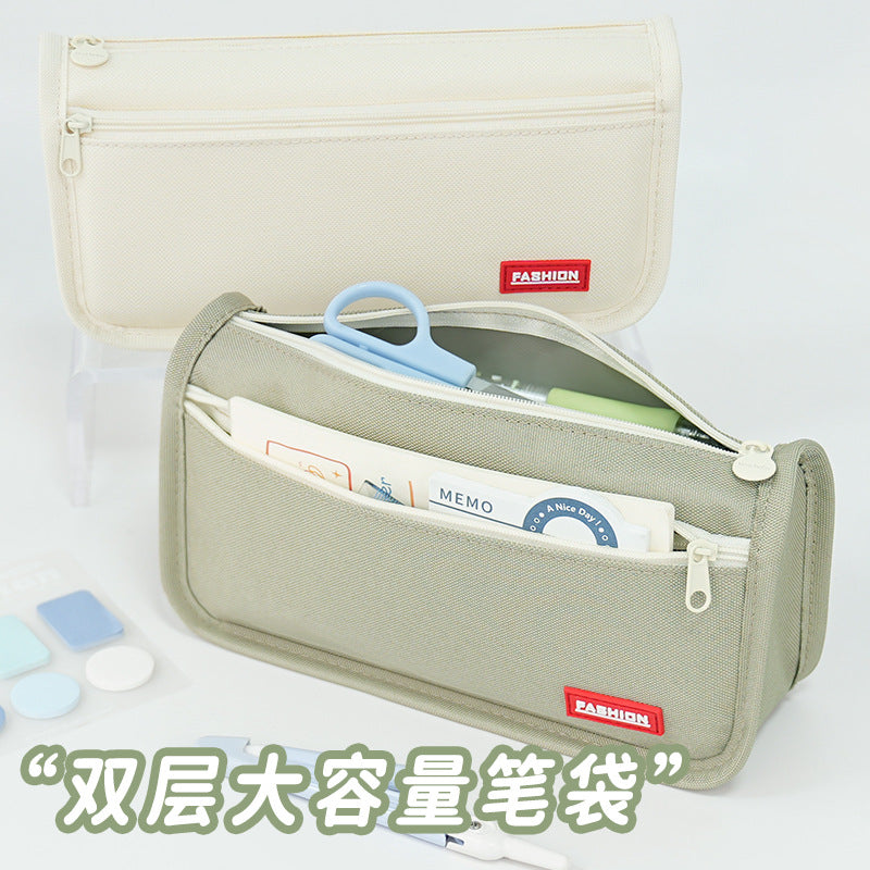 Pencil bag customization solid color simple can be printed logo primary school students stationery box large capacity double zipper pencil bag wholesale
