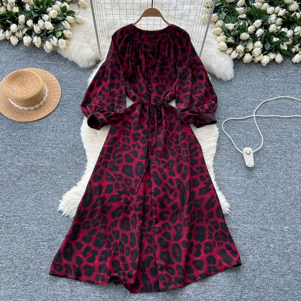 Frenchretroniche styleprintingdress women's autum strap waist round neck lantern sleeve slimming looklong skirt