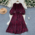 Frenchretroniche styleprintingdress women's autum strap waist round neck lantern sleeve slimming looklong skirt