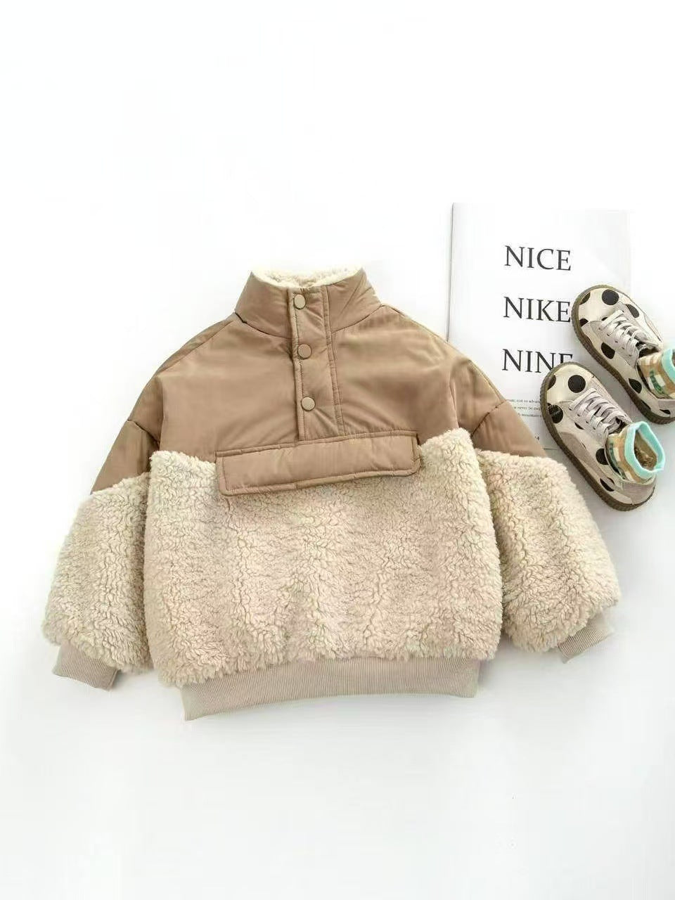 Girls' winter cotton-padded coat: loose-fit, lambswool trim, fleece-lined sweatshirt, unisex thickened warm outerwear