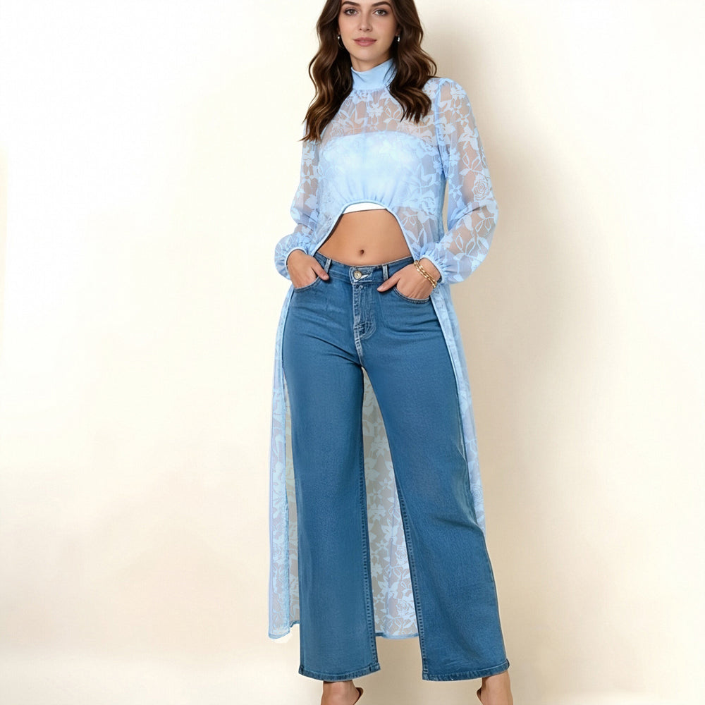 spring/summer european and american cross-border new arrival:  independent site women's lace floral high-low sheer top