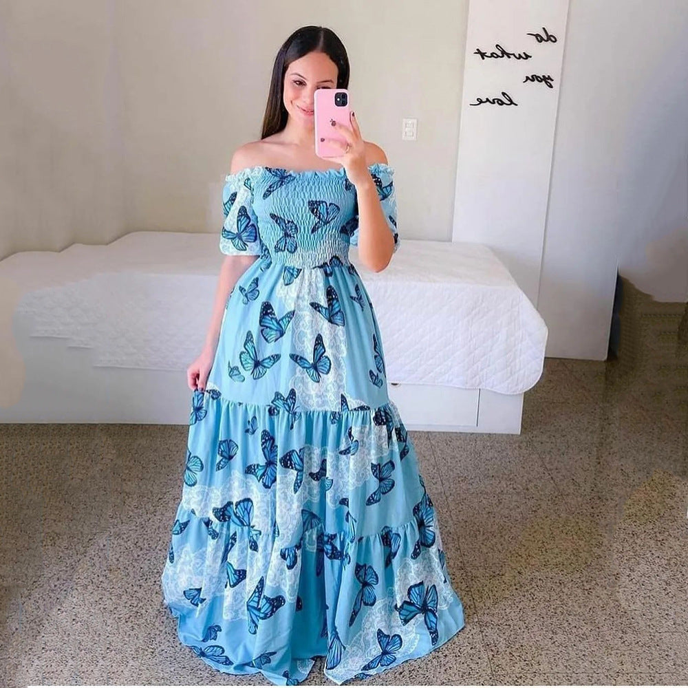 new spring/summer cross-border fashion: european and american style women's one-shoulder floral print maxi dress - off-the-shoulder fairy dress