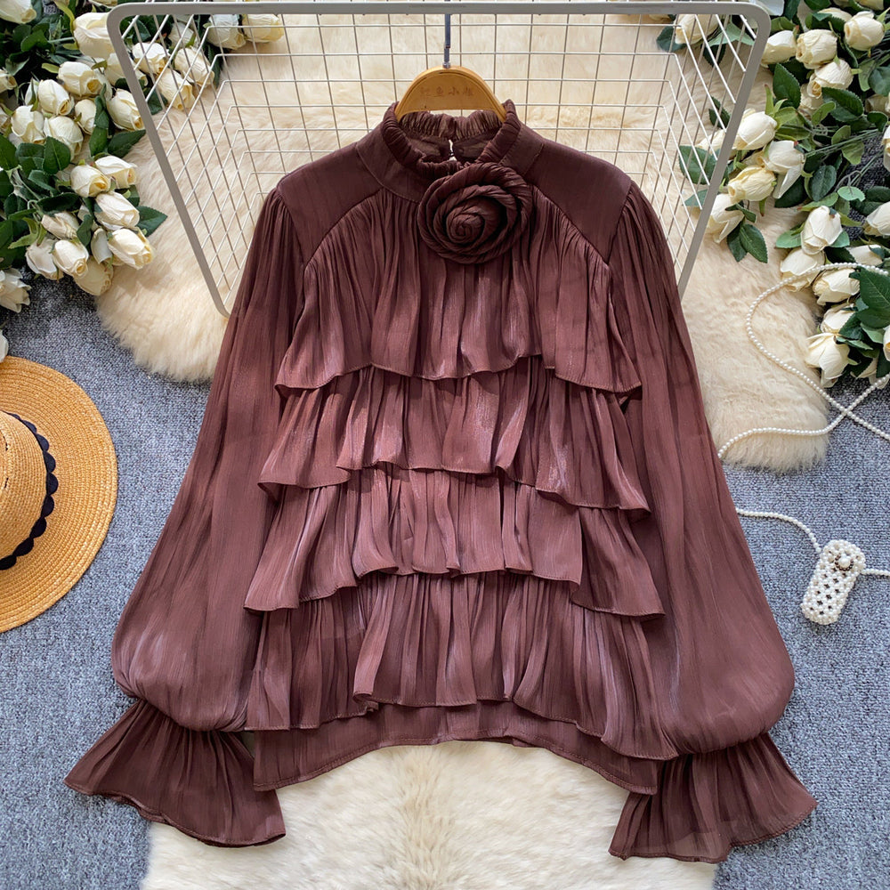 Frenchruffleslong sleevesshirt women's red sense of designelegant gentle stylework clothingtopsniche style chic shirt