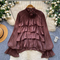 Frenchruffleslong sleevesshirt women's red sense of designelegant gentle stylework clothingtopsniche style chic shirt
