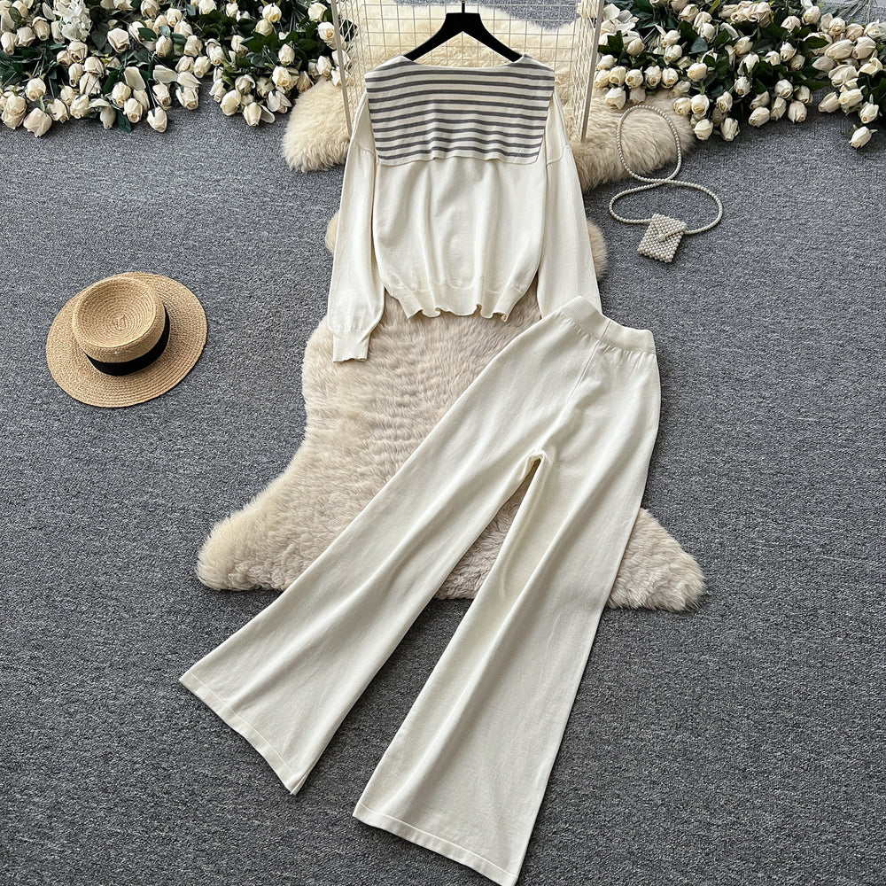 Women's casual knit set: autumn oversized loungewear - striped knit top & wide-leg pants