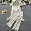 Women's casual knit set: autumn oversized loungewear - striped knit top & wide-leg pants