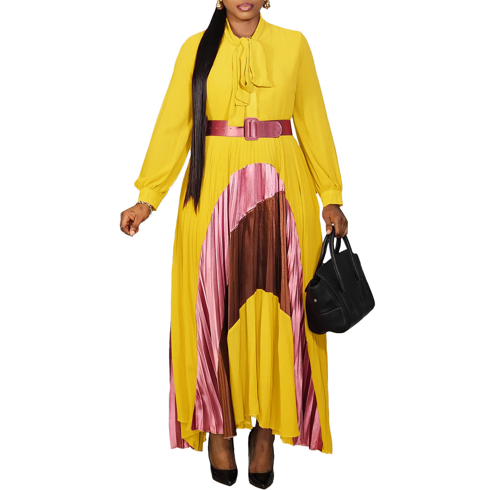 C8623 women's foreign trade new fashion tie-up color block pleated skirt elegant plus size european and american dress