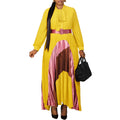 C8623 women's foreign trade new fashion tie-up color block pleated skirt elegant plus size european and american dress