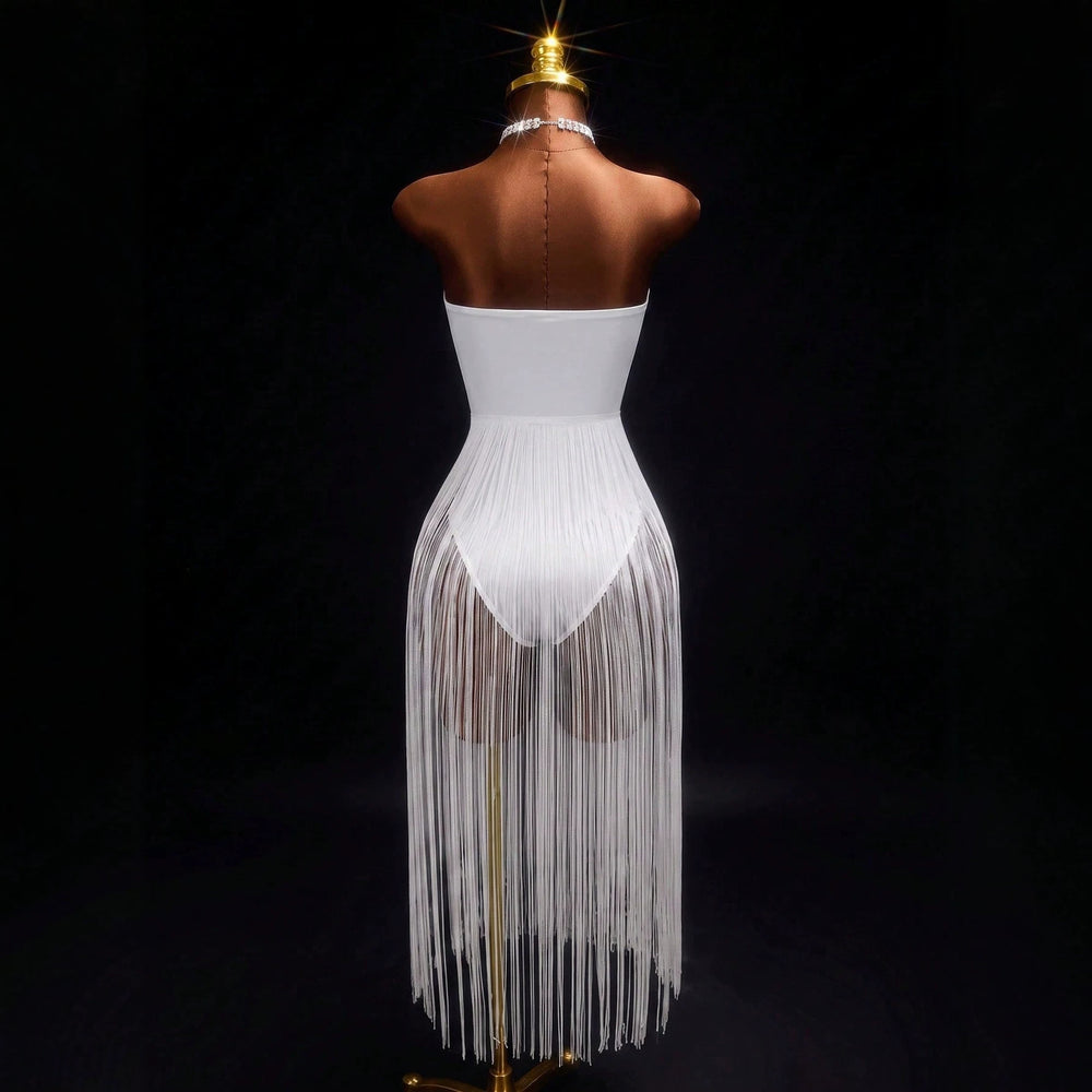 European and american summer women's sexy backless high-waisted bodycon bandeau tassel jumpsuit - beach style