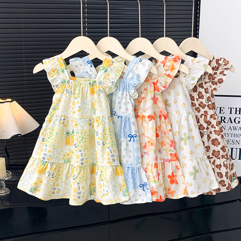 [family wear] children's cotton silk suspender dress sleeveless cake skirt summer thin flying sleeve western style floral skirt