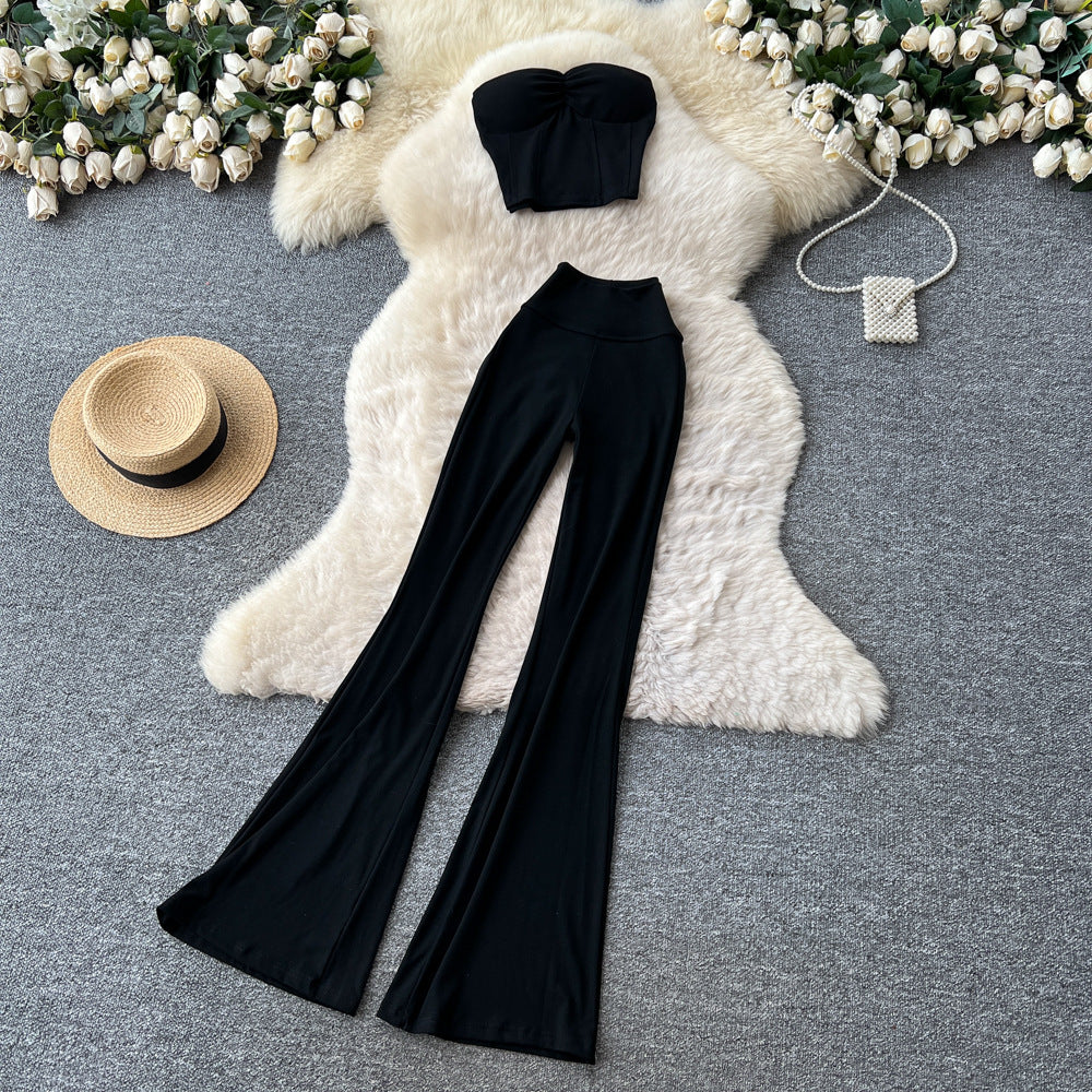 Sexy commuting style tube top tank top hot girl high waist flare pants women's summer casualtwo-piece setelegantsuit