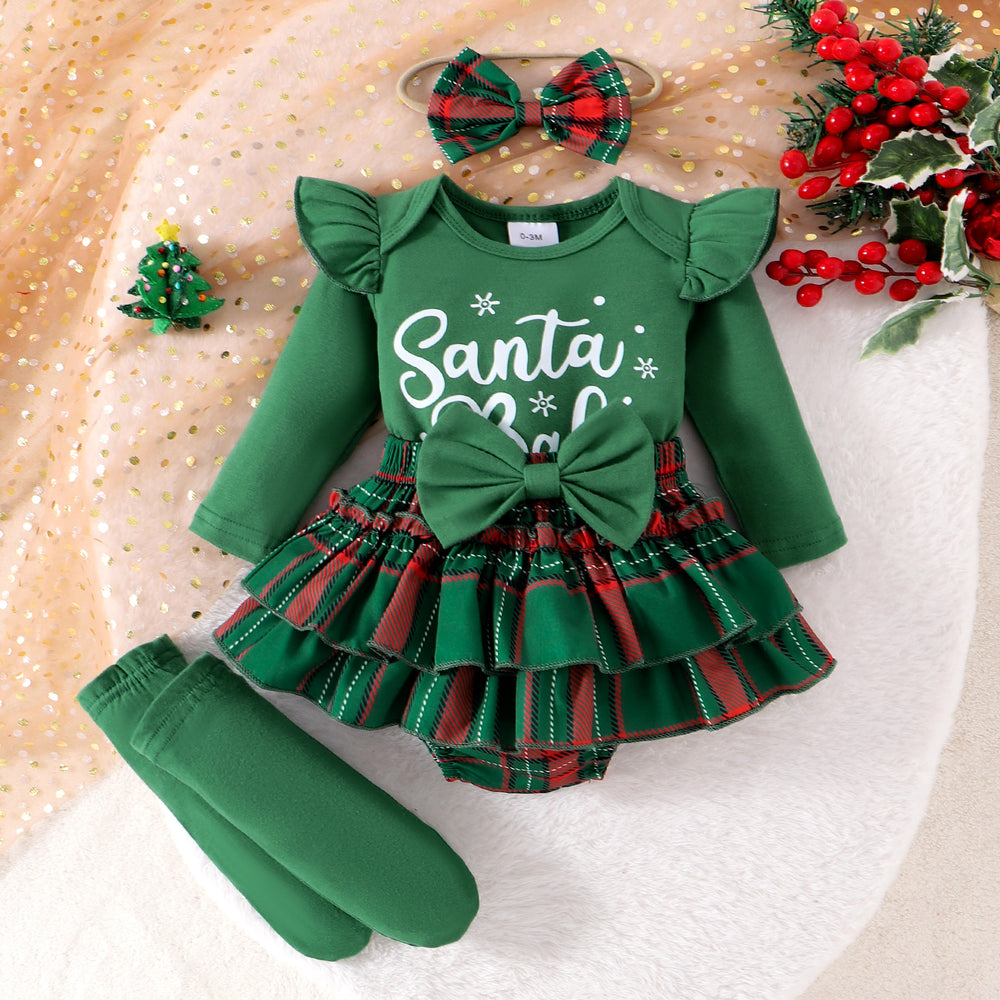 Long-sleeved jumpsuit fashionfall and winter infant and toddler pit sleeves letterprinting christmas plaidprinting skirt khaki