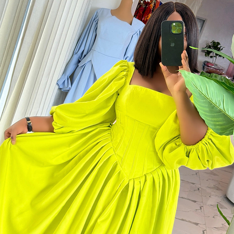 European and american women's clothing  spring new arrivals: sweet and fresh square neck lantern sleeve high waist slimming a-line maxi dress