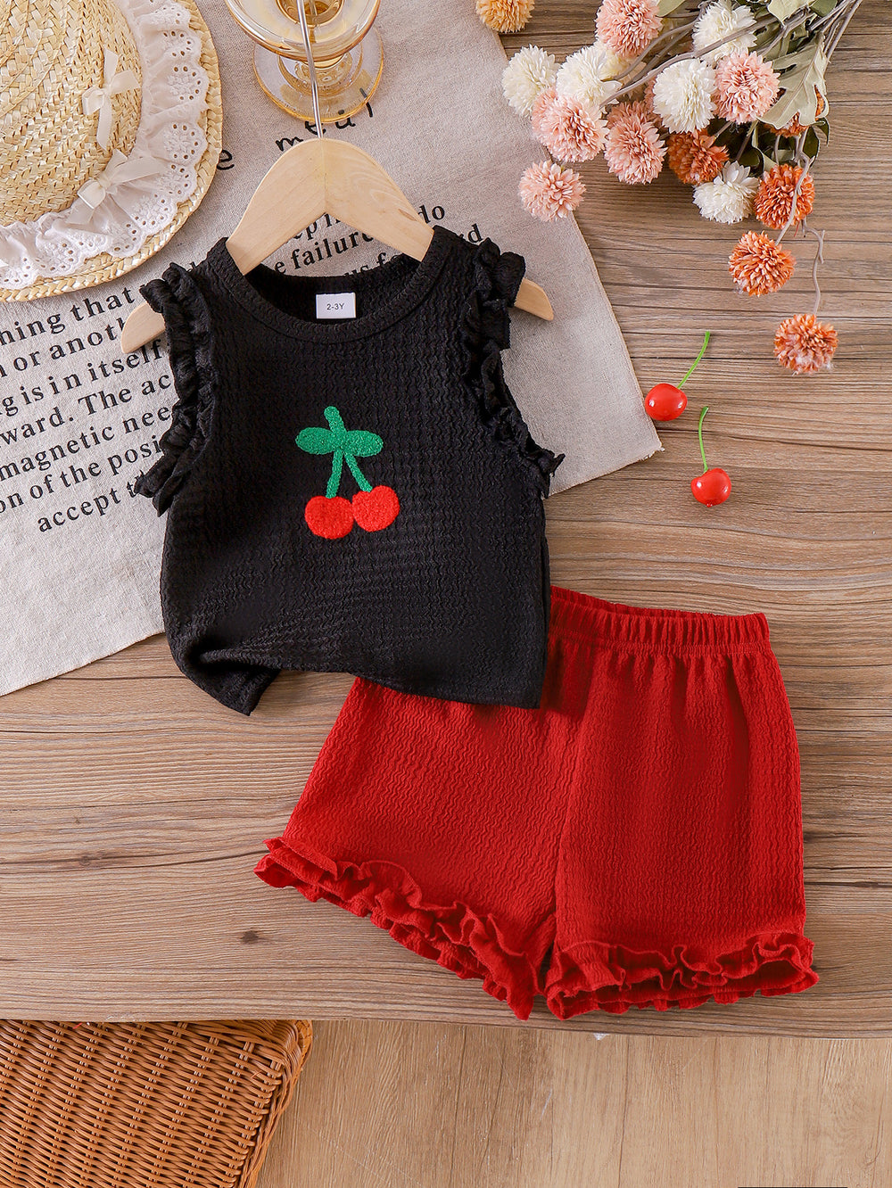 Children's clothing cross-border european and american girls black vest + red shorts two-piece set children's clothing