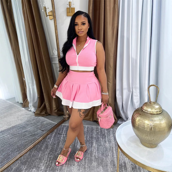 2025 summer European and American   solid color zipper single sleeveless top waist casual skirt suit women