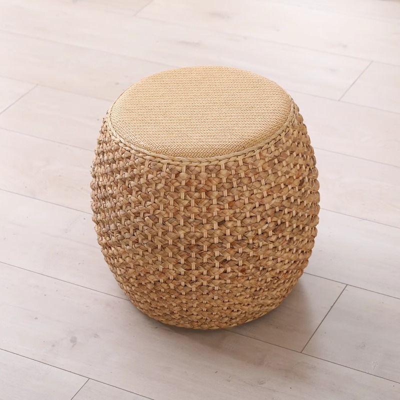 Rattan chinoiserie solid wood straw makeup low drum stool for home living room coffee table shoe changing stool guzheng piano board tall round stool