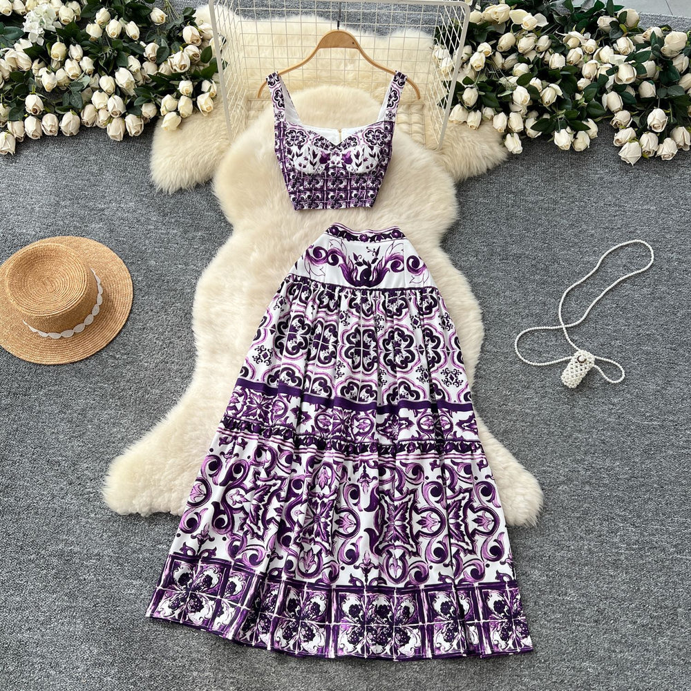 Summer blue and white porcelain print set for women: 3d padded bandeau top with straps + pleated midi skirt two-piece outfit