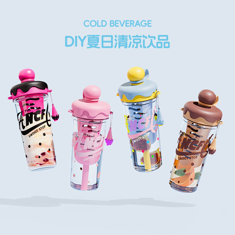 Ins style summer ice cream space water cup large capacity portable strap plastic cup tea water separation tea cup