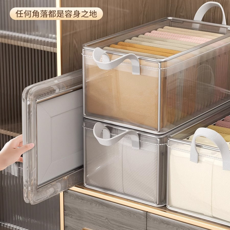 Clothes storage box, household wardrobe, clothes, pants layered, organized box, transparent folding storage basket frame artifact