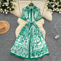 European and american niche style court-inspired placement print dress - women's summer high-end tie-waist single-breasted shirt dress