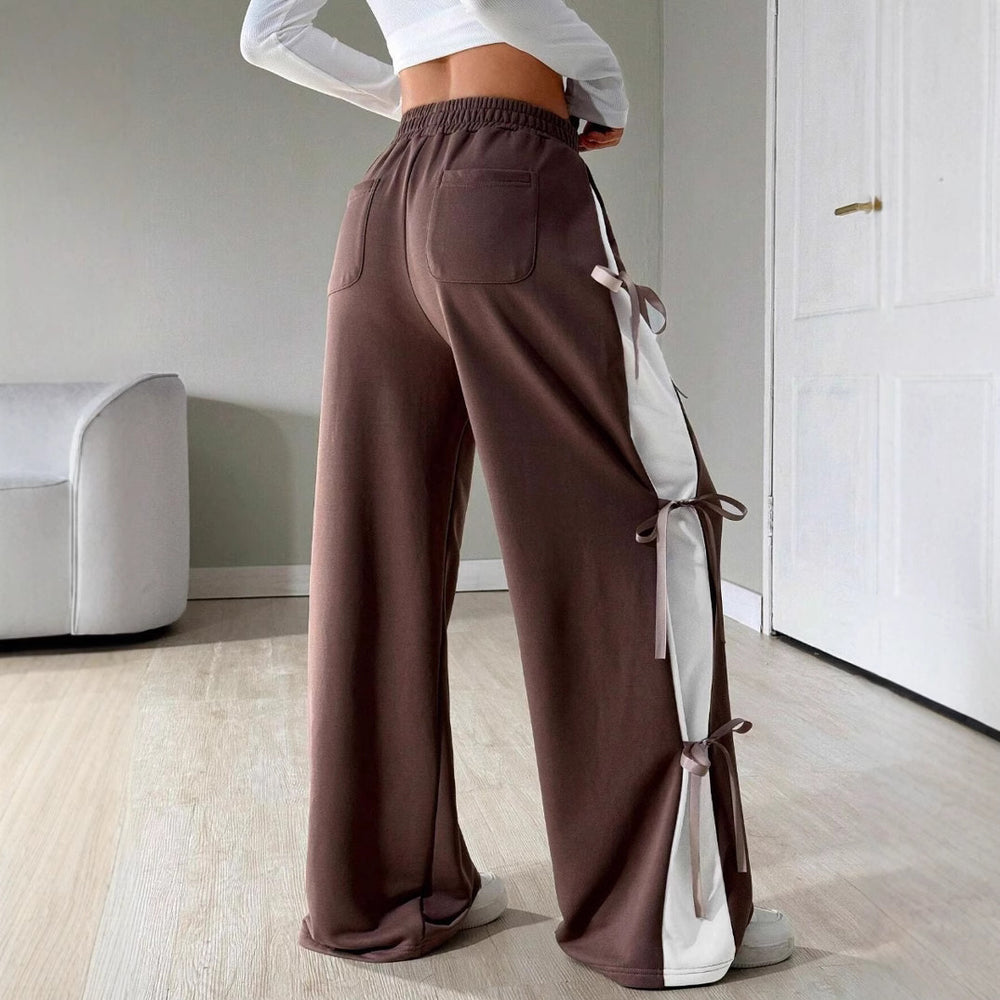 fashion women's  new casual drawstring sweatpants with bow detail and color block design (suitable for europe and the us)