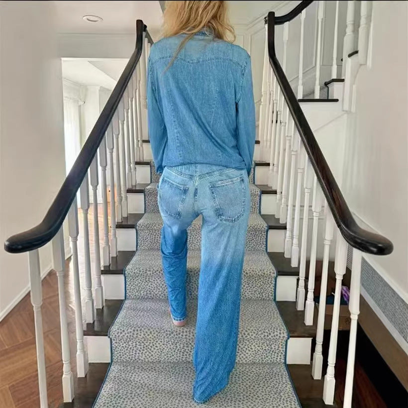 european and american cross-border   independent station slim fit stretch loose washed long sleeved denim shirt for women