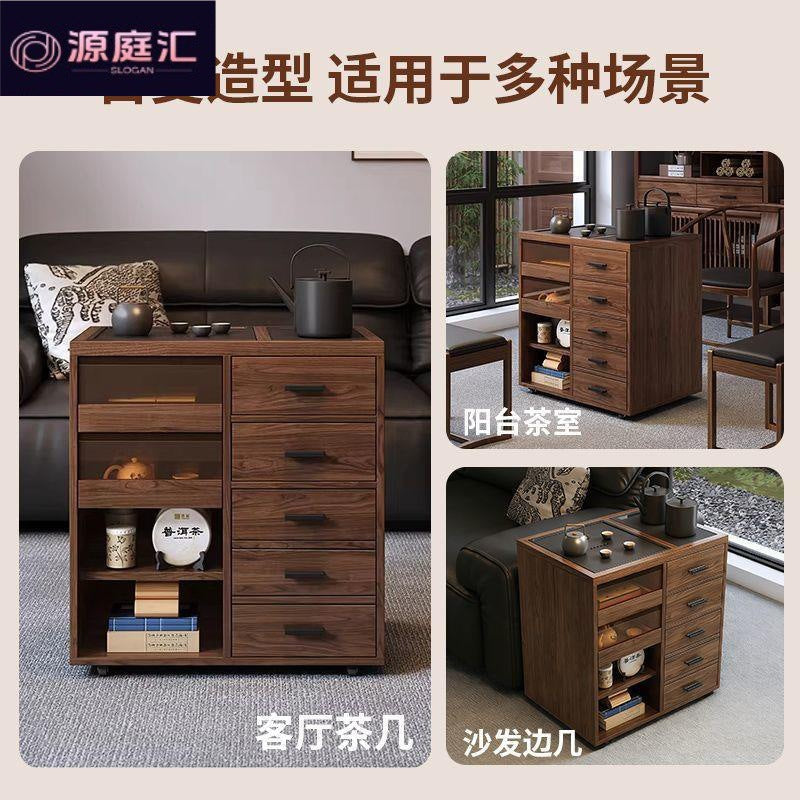 Second-hand style tea table balcony small apartment movable all solid wood tea side table tea making with water boiling tea cabinet tea table