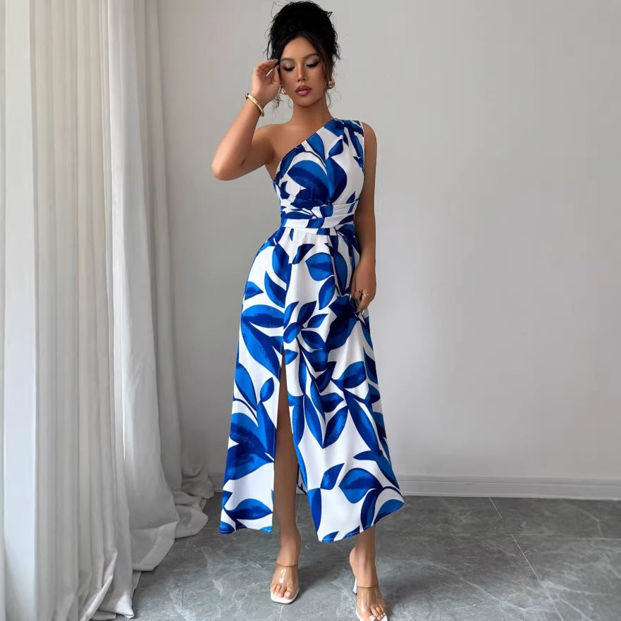 new european and american style cross-border fashion printed pleated elegant long dress