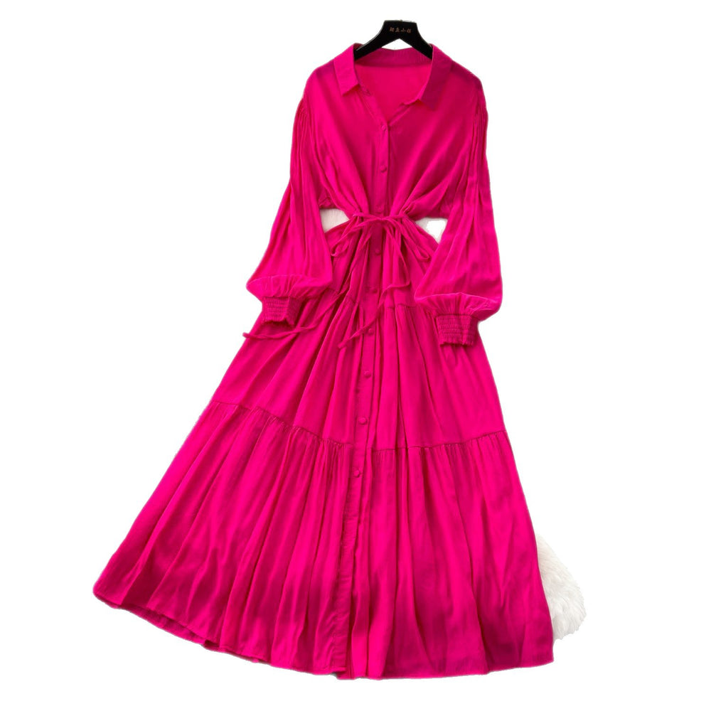 Luxury french style polo neck lantern sleeve shirt dress - women's summer tie-waist maxi dress - ethereal & stunning elegant long dress
