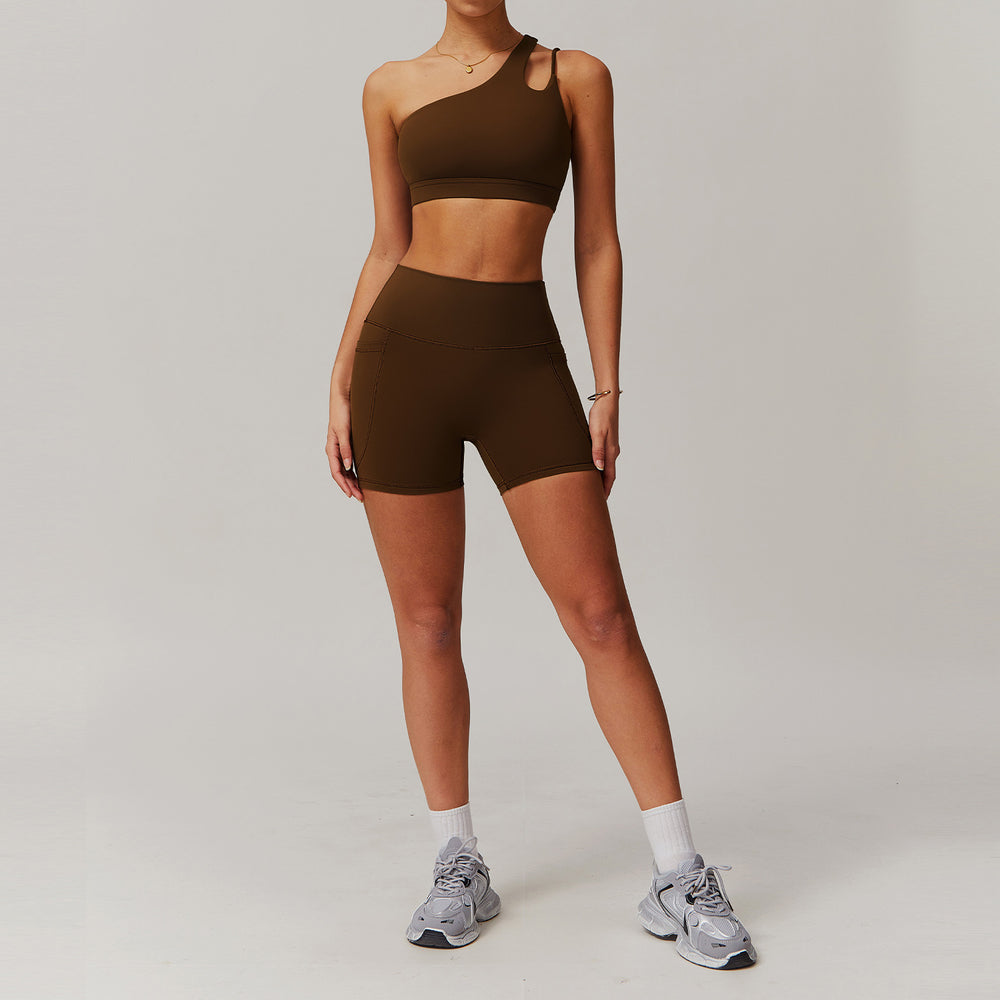 breathable quick-drying tight-fitting yoga clothes flap pocket pants running sports suit diagonal shoulder naked fitness suit6425