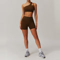 breathable quick-drying tight-fitting yoga clothes flap pocket pants running sports suit diagonal shoulder naked fitness suit6425